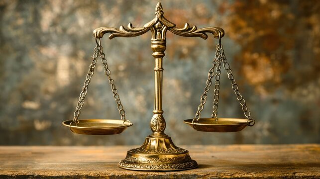 A golden statue of justice with a wooden base and a textured background