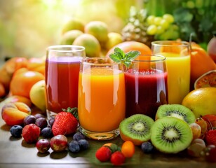 Fresh fruit juices in glasses, surrounded by colorful fruits, showcasing a vibrant, healthy lifestyle