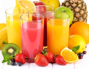 Fresh fruit juices in glasses, surrounded by colorful fruits, showcasing a vibrant, healthy lifestyle