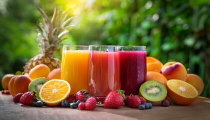 Fresh fruit juices in glasses, surrounded by colorful fruits, showcasing a vibrant, healthy lifestyle