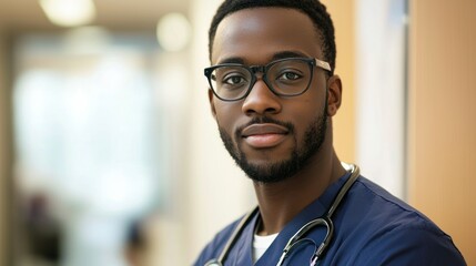 Obraz premium A young, male healthcare professional wearing a blue uniform and glasses, standing in a hospital corridor with a stethoscope around his neck.