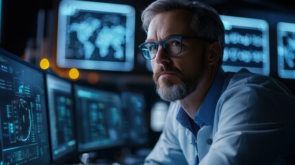 A man in a lab coat, wearing glasses, sitting at a desk with multiple computer monitors in a dark, tech-saturated environment.