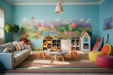 Cozy and stimulating kids room interior with playful furniture, vibrant colors, and educational toys, creating a space for learning and fun