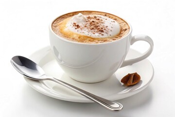 cup of cappuccino or coffee with cream and spoon isolated on a white background