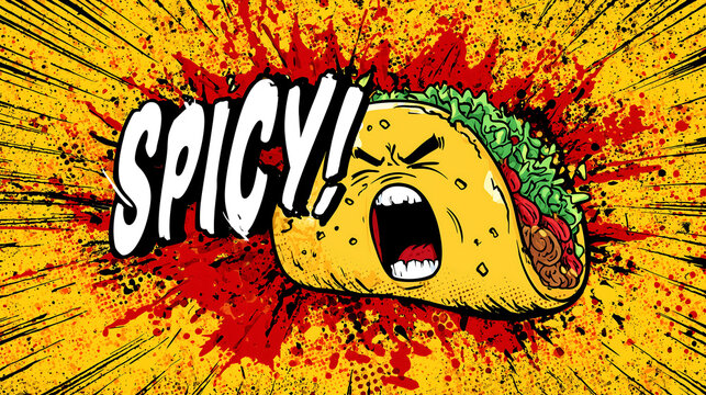 Angry taco yelling SPICY in comic explosion, showcasing vibrant colors and dynamic action. taco expression conveys intense flavor and excitement, perfect for food lovers