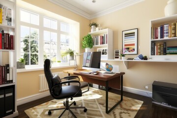 Bright and inviting home office space filled with lush plants, bathed in the warm glow of natural sunlight