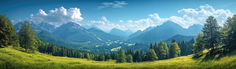 Fototapeta premium Panoramic view of a valley nestled amongst high mountains.