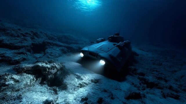 Underwater exploration with a submersible vehicle navigating the ocean floor terrain, casting bright light in the deep blue sea environment
