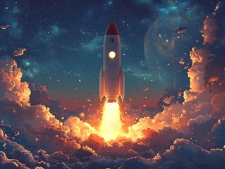 Naklejka premium A vibrant illustration of a rocket launching into space.