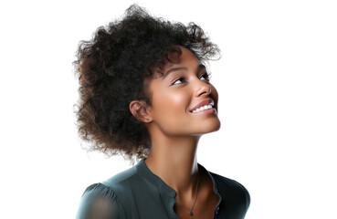Portrait of happy African American woman smiling and looking up with afro hair, isolated on transparent background