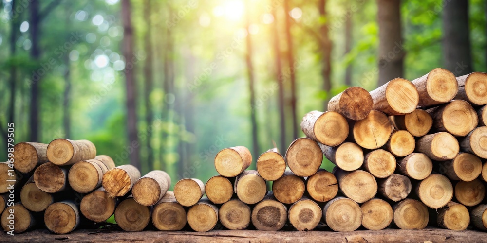 Poster stack of neatly arranged logs in a sun-dappled forest setting, showcasing natural wood texture and t