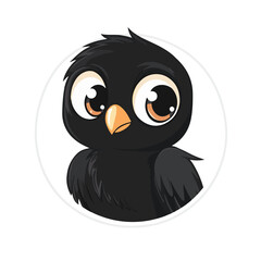 Cute Cartoon Black Bird Illustration With Big Eyes And A Yellow Beak In A White Circle