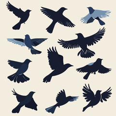 Vector Illustration Of Stylized Flying Birds Silhouettes Various Positions On A Light Cream Background Design Element