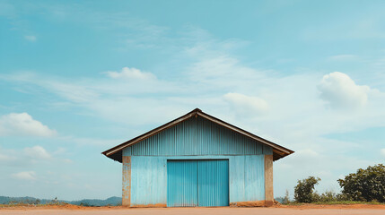 A small blue building stands under a bright blue sky with sparse clouds.