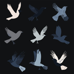 Obraz premium Stylized Birds In Flight On Dark Background Ornithology Artwork Design With Graphic Elements