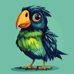Cartoon Style Illustration Of Exotic Bird With Big Eyes And Colorful Feathers On Green Background