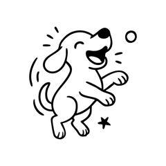 A dog mid-run with wide eyes and open mouth, eagerly chasing a flying ball, captured with energetic thin lines.