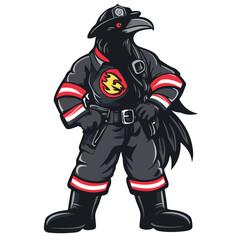 Firefighter Raven Mascot Cartoon Character Standing Proud Ready To Serve With Fire Emblem Design