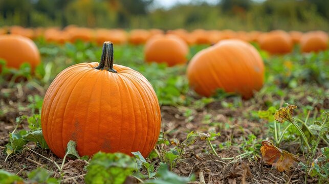 A pumpkin patch with bright orange pumpkins