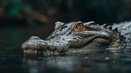 Fototapeta premium Fierce Crocodile with Head Out of Water in Australian River, Surrounded by Green Vegetation