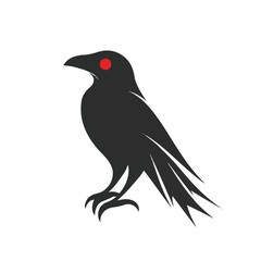 Silhouette Of A Dark Raven With Piercing Red Eyes Against White Background Vector Graphic