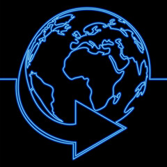 Global Economy Concept: Planet Earth Wrapped with an Arrow icon neon glow vector illustration concept