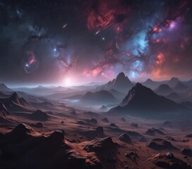 Vast cosmic expanse, swirling nebulae, distant galaxies,  solar system,  dark matter,  stars