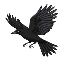 Black Crow Flying With Spread Wings Illustration For Halloween And Gothic Themes Isolated On White