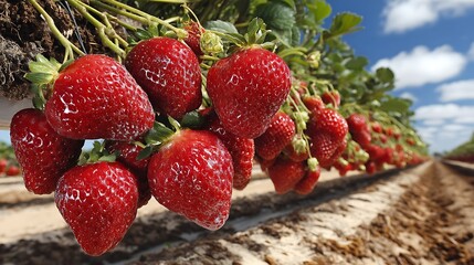 Fresh strawberries hanging in a modern farm setting