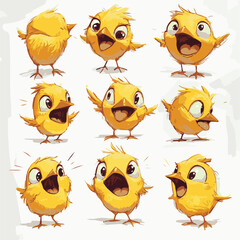 Cartoon Yellow Chicks With Different Expressions Vector Illustration Cute Easter Spring Farm Animals Colorful Bright Creative And Playful Art