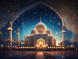 Islamic New Year Wishes Illustrated with Lanterns and Mosque – AI Generated