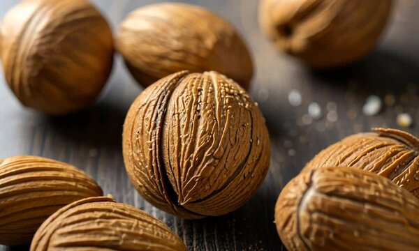 nuts and nutcracker on wooden table