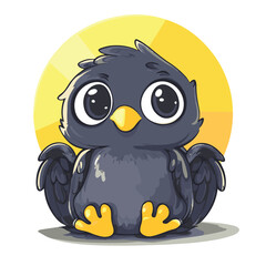 Adorable Cartoon Crow Illustration Sitting With Large Eyes And A Yellow Circular Background
