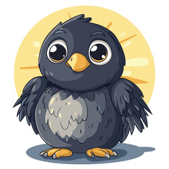 Cartoon Illustration Of A Cute Baby Crow Standing On A Soft Blue Surface With Yellow Background