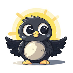 Cute Cartoon Penguin With Big Eyes Against A Yellow Sunburst Background Isolated On White