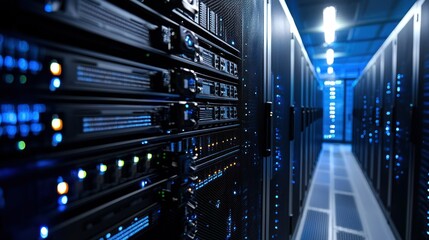 A server room with multiple servers and lights in a dimly lit environment.