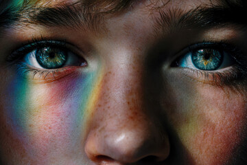 Fototapeta premium Close-Up Portrait Featuring Colorful Prism Reflection on Face