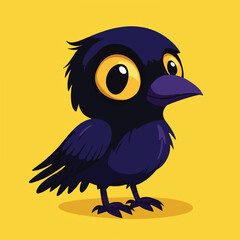 Cartoon Raven Vector Illustration With Big Eyes On Yellow Background Perfect For Kids Designs And Halloween