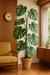 Monstera plant in terracotta pot in a midcentury modern living room with wood paneling and natural lighting © WStudio