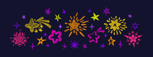 Crayon stars. Vector magic night sky, moon, cosmic
