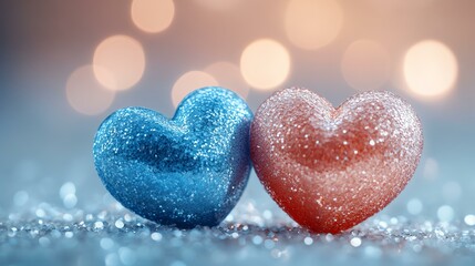 Fototapeta premium Two sparkly hearts in blue and red, symbolizing love and connection amidst shimmering bokeh.