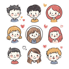 Collection Of Cute Hand Drawn Cartoon Kids Faces Vector Illustrations On White
