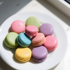 Obraz premium 4k high quality Ai generative HD photo realistic restaurant food menu sell selling cafe mini small treat dessert colorful pastel soft pile up macaroons white blue pink yellow green purple