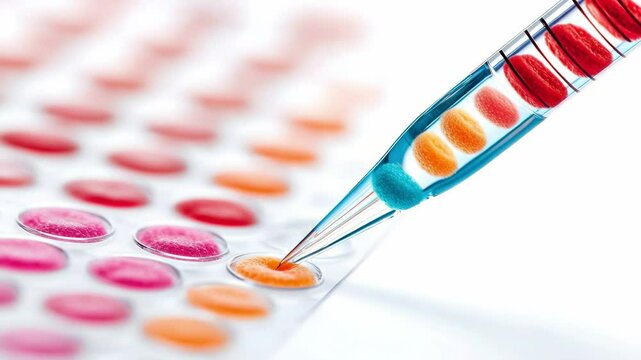 A pipette is dispensing colorful liquid samples into a microplate for scientific or medical analysis.
