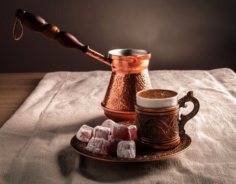 Caf&eacute; traditionnel turc, avec cafeti&egrave;re et tasse assortie, accompagn&eacute; de loukoums. 