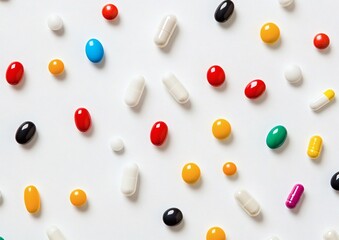 Flatlay image of mixed pills capsules and tablets in various colors arranged randomly on white background representing healthcare medication therapy and pharmacy overdose concept,
