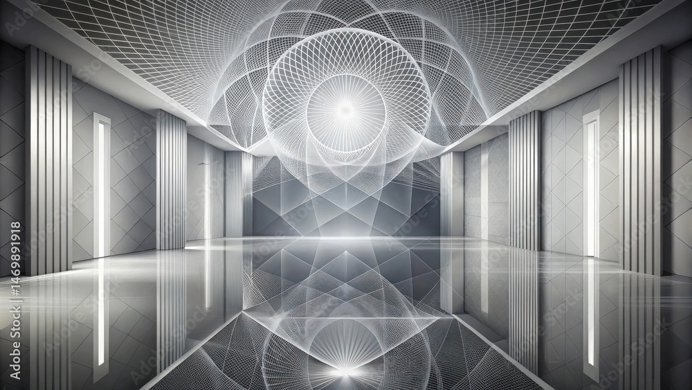 Poster reflective floor and intricate geometric ceiling design in a modern hallway