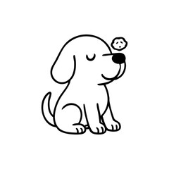 A focused but excited dog sitting still with a treat balanced on its nose, eyes wide, tail curled in anticipation