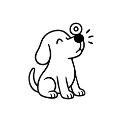 A focused but excited dog sitting still with a treat balanced on its nose, eyes wide, tail curled in anticipation
