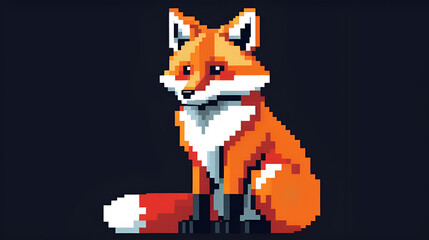 Fototapeta premium Pixelated Fox Illustration With Red And White Fur Sitting Against A Dark Background With Pixel Art Style